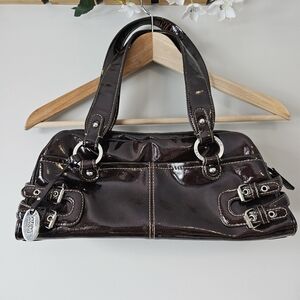 Franco Sarto Chocolate Brown Handbag With Silver Buckle Details And Double Strap
